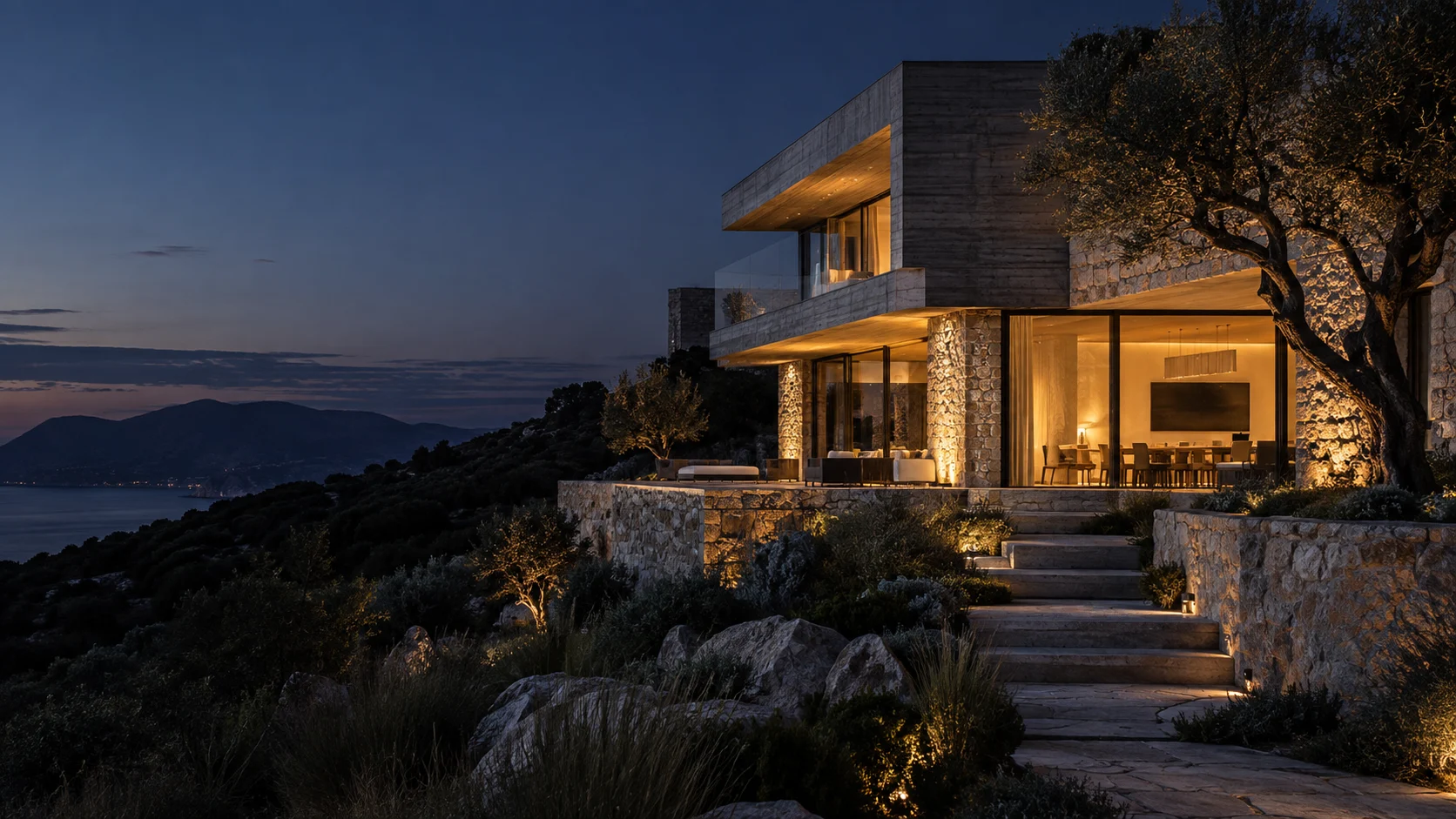 An original architectural concept with limestone walls and warm interior light at dusk